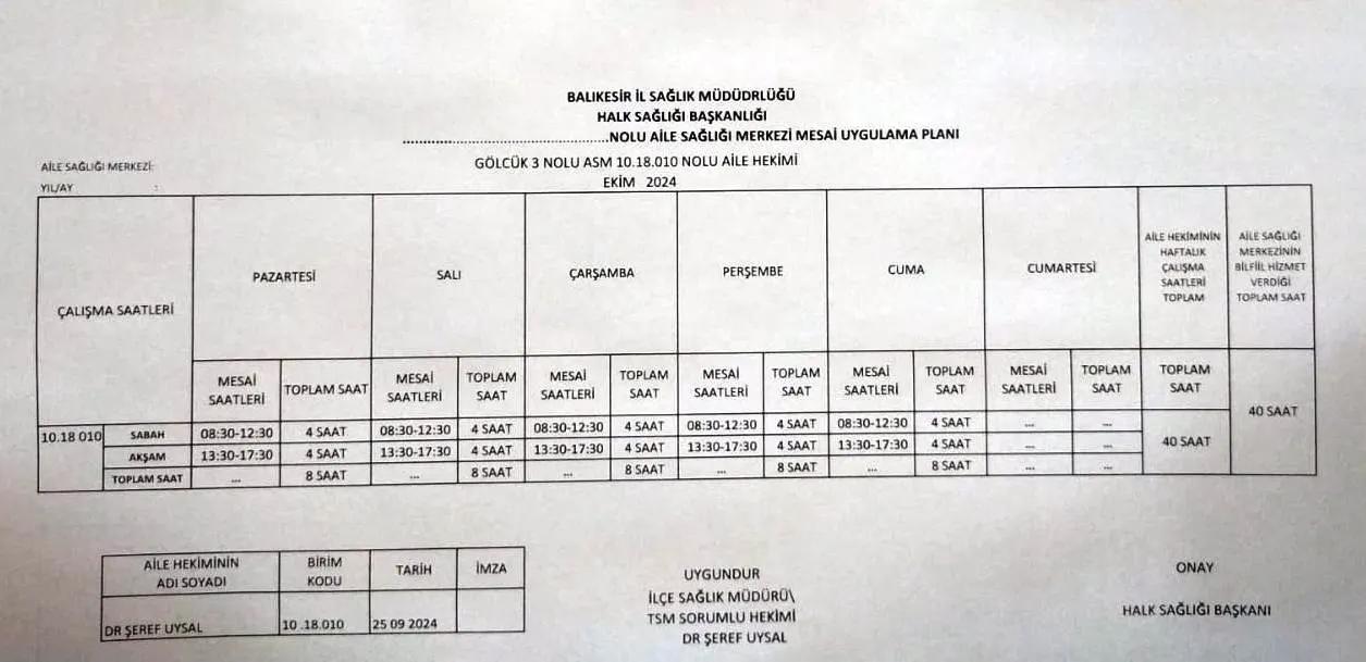 Aile Sağlığı Merkezi Mesai Uygulama Planı (Ekim 2024)